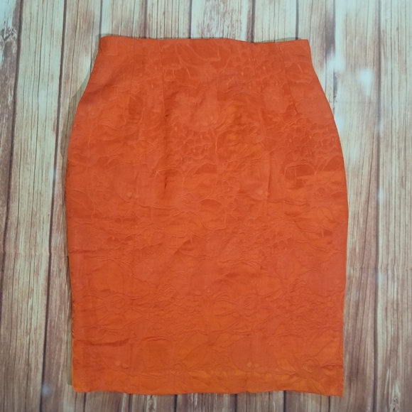 Vintage Dresses & Skirts - Vintage Bright Orange Pencil Skirt High Waisted Floral Design 80s